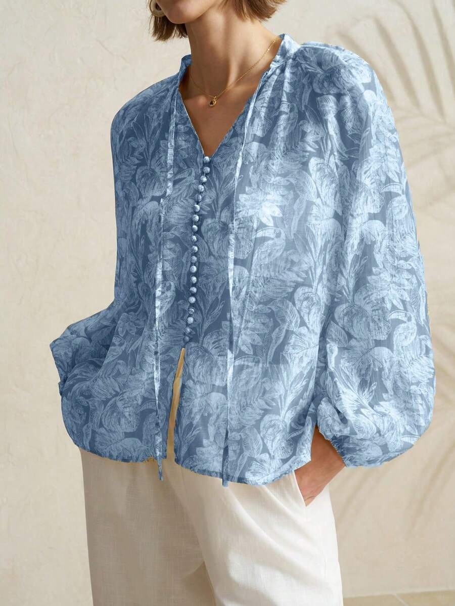 Women's New Loose Fit Elegant Yellow Floral Print Linen Long Sleeve Shirt - Blue - View 1