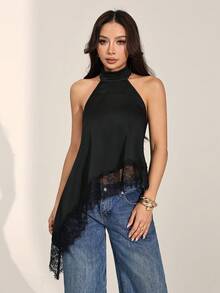SHEIN PETITE Sexy Lace Patchwork Asymmetric Hem Backless Halter Top, Summer Asymmetrical Tops For Women Halter Neck Tops For Women,Summer Top - Black - View 11