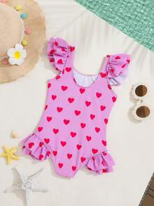 SHEIN Playful Pals 1件女婴心形舒适针织荷叶边连体泳衣，适合海滩、泳池、冲浪 - 彩色 - 查看 2