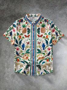 GENTILAND Áo sơ mi nam dáng casual in hình quả dứa, cài một hàng khuy, thích hợp cho kỳ nghỉ. - Nhiều màu - Xem 3