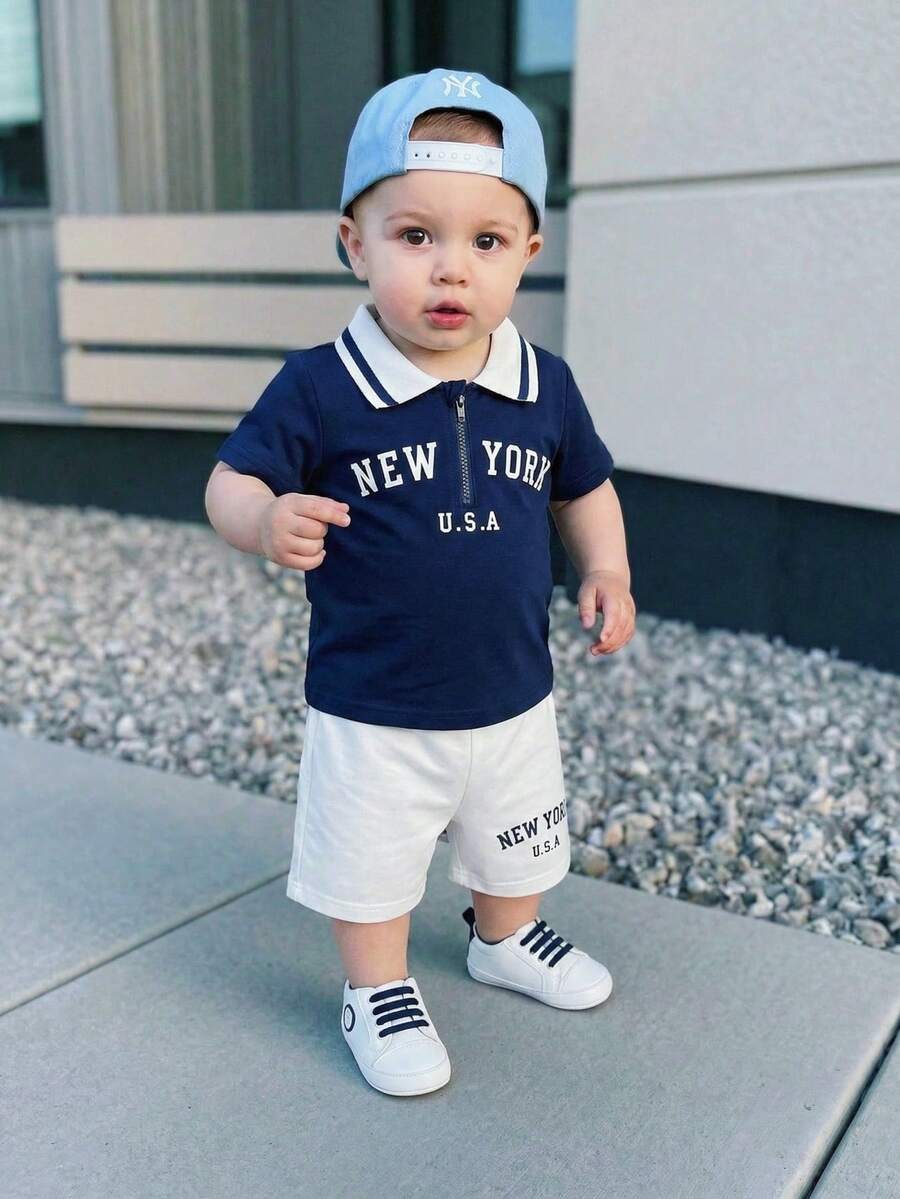 2pcs Baby Boy Navy Blue Summer Casual Vacation Independence Day Set,New York Polo Shirt Half Zip Short Sleeve Top&Elastic Waist Printed Shorts Outfit - Blue - View 1