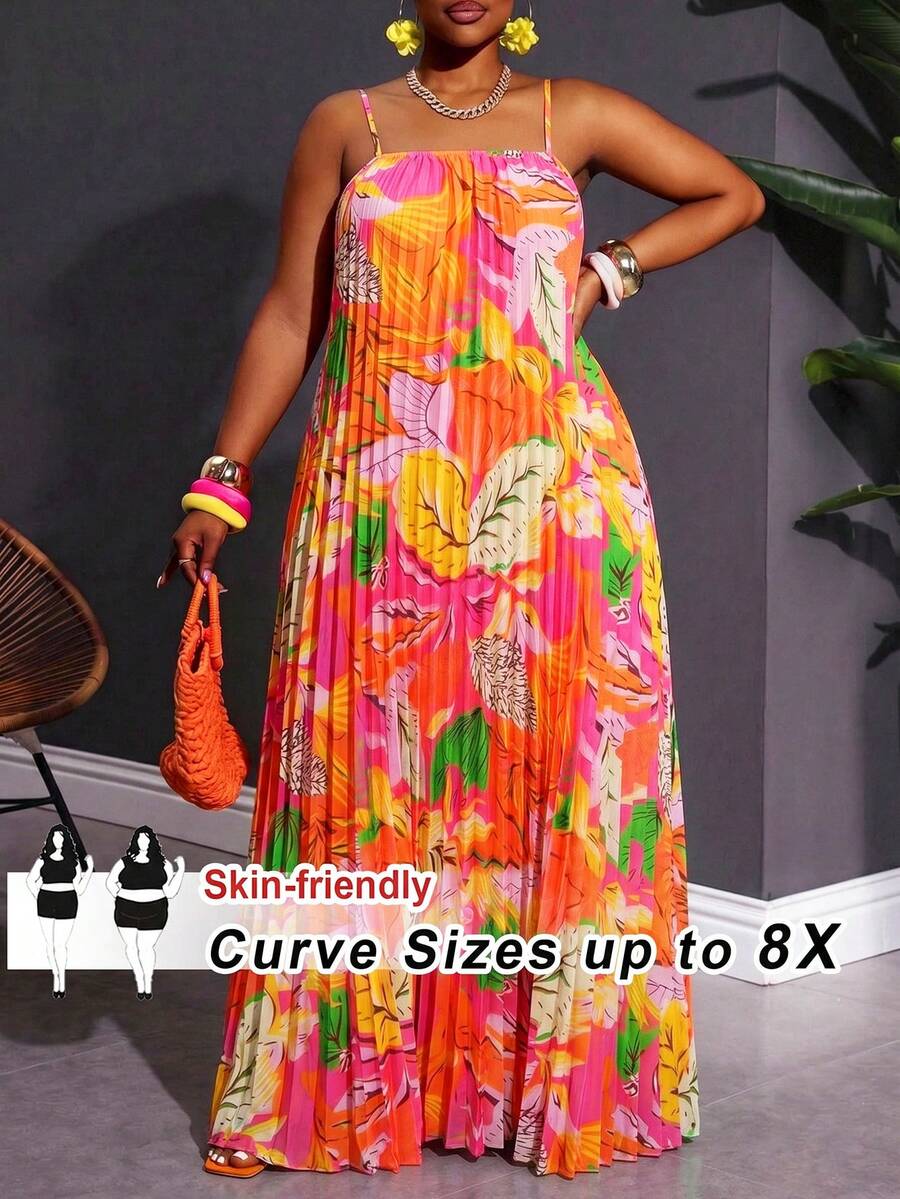 SHEIN CURVE+ 大码女式碎花吊带连衣裙,宽松褶皱连衣裙,早春海岛度假连衣裙 - 彩色 - 查看 1