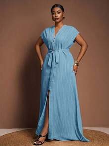Veslaya Plus Size Women's Summer Versatile Casual All-Match Beach Elegant Ruffle Tie Front Short Sleeve Dress - Baby Blue - View 6