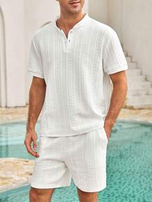 Mercer Haus Men's Comfortable Jacquard Fabric Polo Collar Short Sleeve Top And Drawstring Shorts 2 Pieces Casual Set - White - View 8