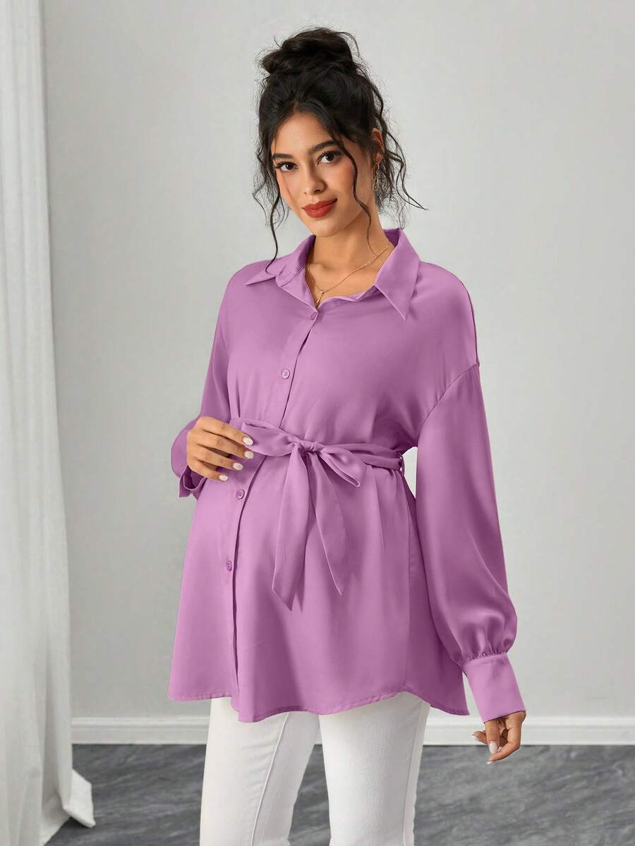 SHEIN 孕妇纯色前扣腰带休闲长袖衬衫 - 紫色 - 查看 1