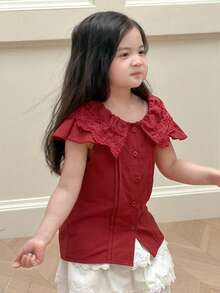 Dazy Kids Áo không tay cổ rộng, chất liệu vải dệt họa tiết dành cho bé gái (size nhỏ) - Đỏ - Xem 8