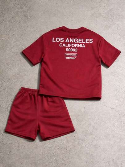 SUMWON Los Angeles California Zip Code Printed Burgundy T-Shirt And Shorts Casual Summer Co-Ord Set