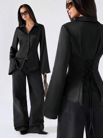 LYSMO 2026新款简约春夏女式休闲纯色系带长袖衬衫，时尚女式衬衫/休闲女式衬衫，黑色