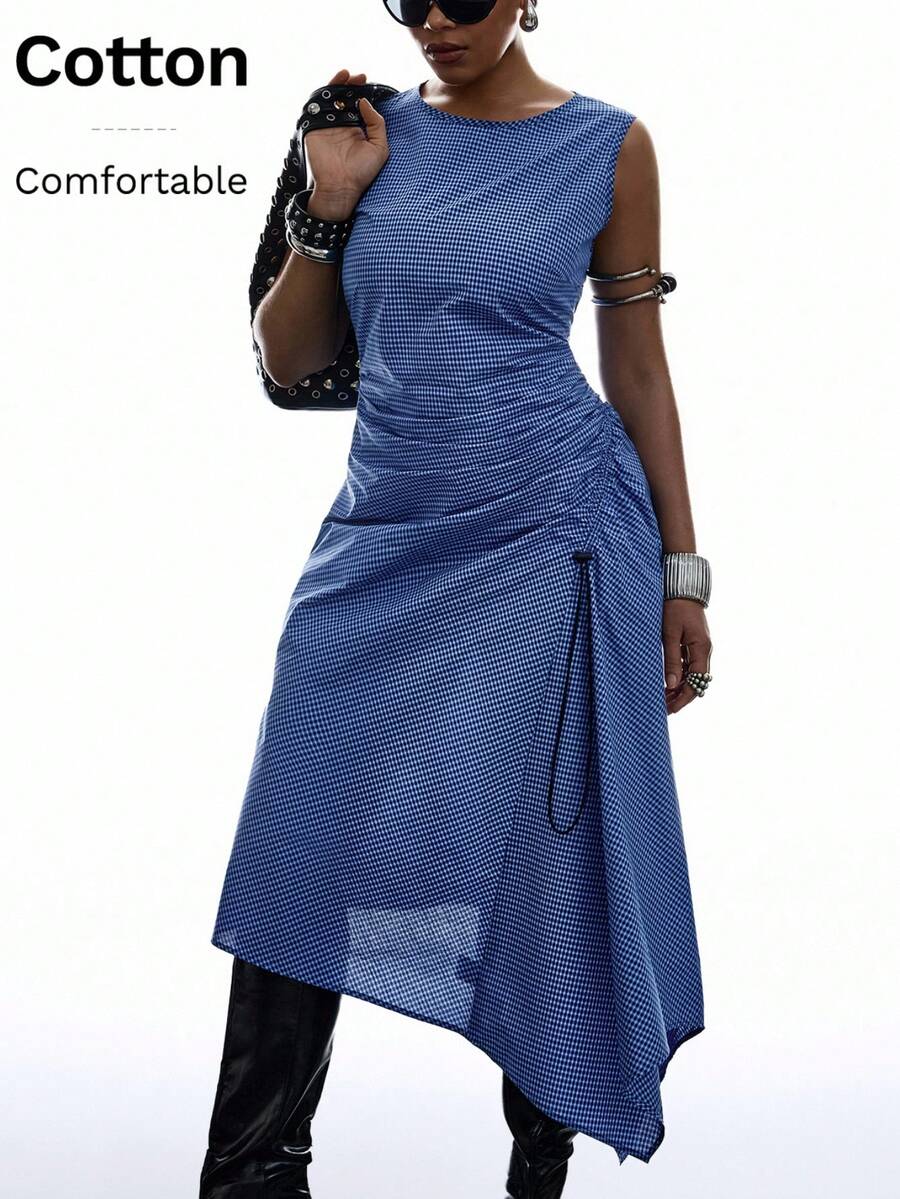SHEIN EZwear فستان قطني كاجوال بتصميم كاروهات أزرق مقاس كبير، خصر بسحاب، أكمام مطوية، مناسب للعطلات الربيعية والصيفية - الأزرق - مشاهدة 1