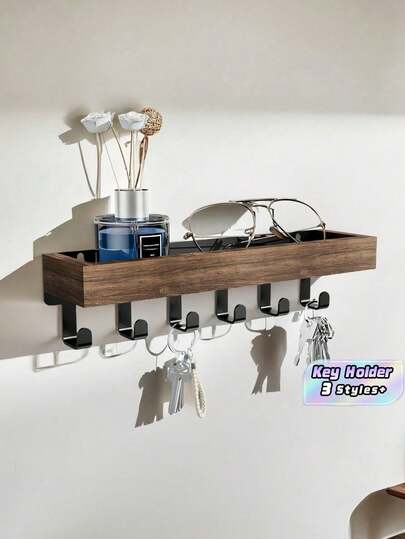 1 Set Wall Mounted Key Holder With Wood Tray And 6 Hooks, Key Racks, Key Hangers Home Decor Key Rack Mail Organizer For Hallway, Bedroom, Mudroom, Office(Christmas) Room Decor