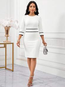 SHEIN Lady Váy dự tiệc dài vừa phải họa tiết chắp vá thanh lịch dành cho nữ - trắng - Xem 6