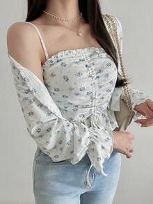 FRIFUL Áo dài tay họa tiết hoa nhí kiểu dáng thường ngày dành cho nữ, phối cùng áo hai dây, thích hợp cho mùa xuân/thu. - trắng - Xem 3
