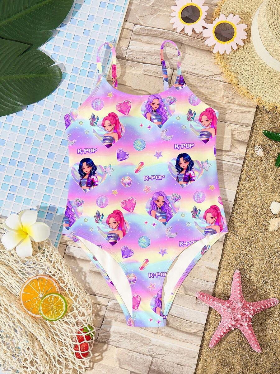 Traje de baño de una pieza con estampado de niña de dibujos animados, retrato de niña de K-POP, ropa de playa casual minimalista para niñas preadolescentes, adecuada para verano, vacaciones, elegante, Y2K, combinación de colores vibrantes - Multicolor - Ver 1