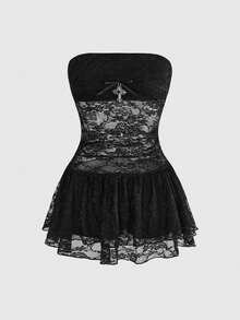 ROMWE Goth Trang phục dự tiệc mùa hè gợi cảm, ren xuyên thấu, mặt dây chuyền hình thánh giá, váy ngắn ôm sát, chân váy xòe. - màu đen - Xem 1