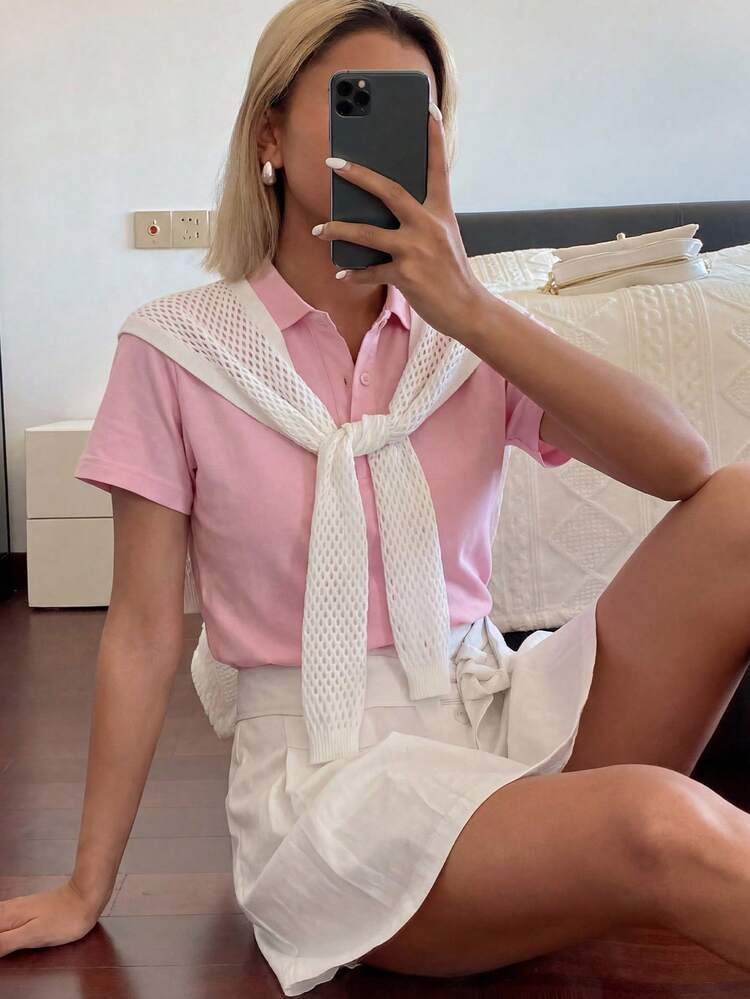 Solid Color Hollow Out Short Tie Front Cardigan, Casual Vacation Summer Wear For Women