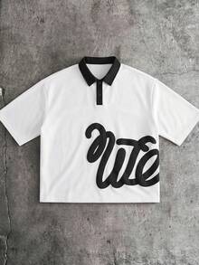 AXEPEAK Kemeja Polo Pria Kasual Sehari-hari dengan Motif Huruf dan Kerah Lipat, Musim Panas - Hitam dan Putih - View 8