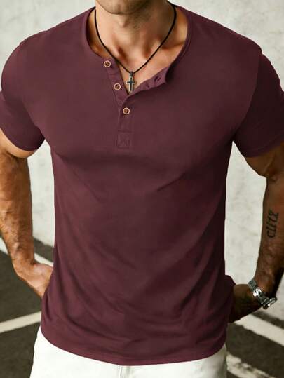 Manfinity Sport Corelite Áo thun nam cổ Henley tay ngắn, dáng ôm, màu trơn, kiểu dáng thường ngày.