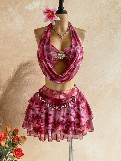 Soleia Women's Sunset Ombre Plunging Neckline Floral Metal Buckle Decor Halter Top & Multi-Layer Ruffle Hem Mini Skirt 2-Piece Set, Casual Holiday Beach Cruise Vacation, Suitable For All Seasons, Music Festival, Boho Vacation