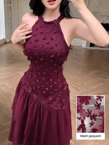 Modelyn 女士优雅度假风露背3D立体花卉网纱拼接雪纺酒红色连衣裙，夏季 - 紅色 - 查看 3