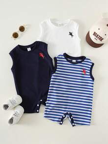 SHEIN 3pcs Set Pakaian Bayi Laki-laki Baru Lahir Musim Panas Motif Garis-garis Lucu, Romper Rajut Tanpa Lengan dan Celana Pendek Dasar - MultiWarna - View 3