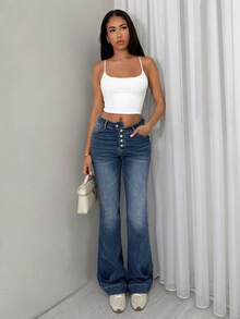 Jeanoix Quần jeans ống loe nữ phong cách Y2K, kiểu dáng thường ngày, đã qua xử lý giặt. - Rửa tối - Xem 5