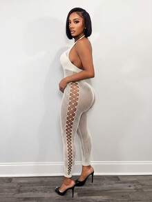 BamGleam Bộ jumpsuit lưới xuyên thấu gợi cảm hở lưng cổ yếm dành cho nữ - Màu be - Xem 3