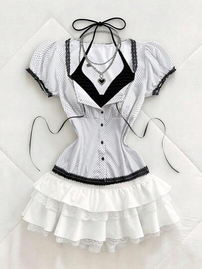 Sweetra Blusa corta de ajuste ceñido para mujer de talla grande, con base blanca y lunares negros, decorada con encaje, cuello cuadrado y mangas abullonadas, cintura ceñida