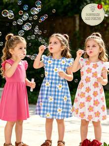 SHEIN Elladie kids 3件套女童碎花格子印花喇叭袖A字连衣裙，甜美可爱，适合夏季户外穿着 - 彩色 - 查看 6