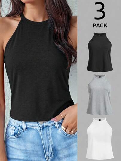EMERY ROSE 3pcs/Set Plus Size Casual Minimalist Black, White, Gray Floral Print Halter Neck Camisole For Women
