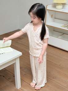 Dazy Kids V領開襟設計圓點印花套裝，年輕女孩夏季居家服 - 白色 - 查看 2