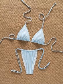 SHEIN Swim Mod 女士两件式泳衣套装，蓝色特殊面料时尚性感沙滩度假露背比基尼，春夏款 - 藍色 - 查看 3