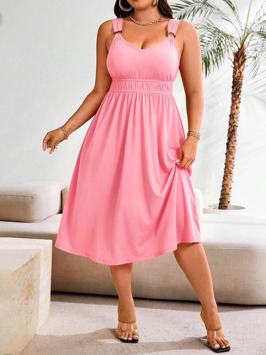 SHEIN Clasi Đầm maxi xếp ly màu trơn cỡ lớn dành cho nữ, kiểu dáng thường ngày, thích hợp mặc mùa hè. - Màu Hồng  Dưa hấu - Xem 1