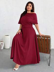 Firerie Plus Size Women's Fashionable Solid Color Off-Shoulder Long Dress - Red - View 5