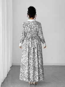 SHEIN Clasi 大码女式优雅撞色衬衫领扭腰印花A字衬衫裙，秋季长袖 - 黑與白 - 查看 2