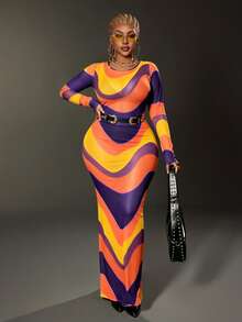Plus Size Women Rainbow Mesh Overlay Dress - Orange - View 5