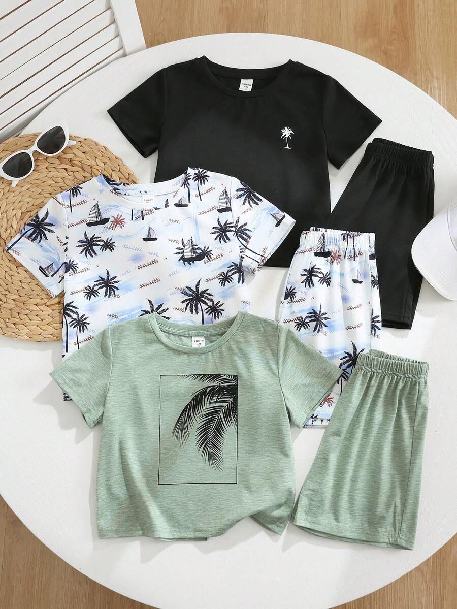 SHEIN 6pcs/Set Kids Summer Casual Outfit,Round Neck Short Sleeve T-Shirt With Cartoon Print And Shorts,White Beach Holiday Vacation Wear Outdoor Play Set - Multicolor - View 1
