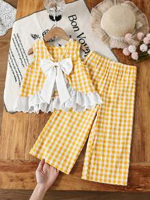 Emery Rose Kids Emery Rose Kids 2件套少女格子圆领休闲背心和裤子套装 - 黃色 - 查看 10