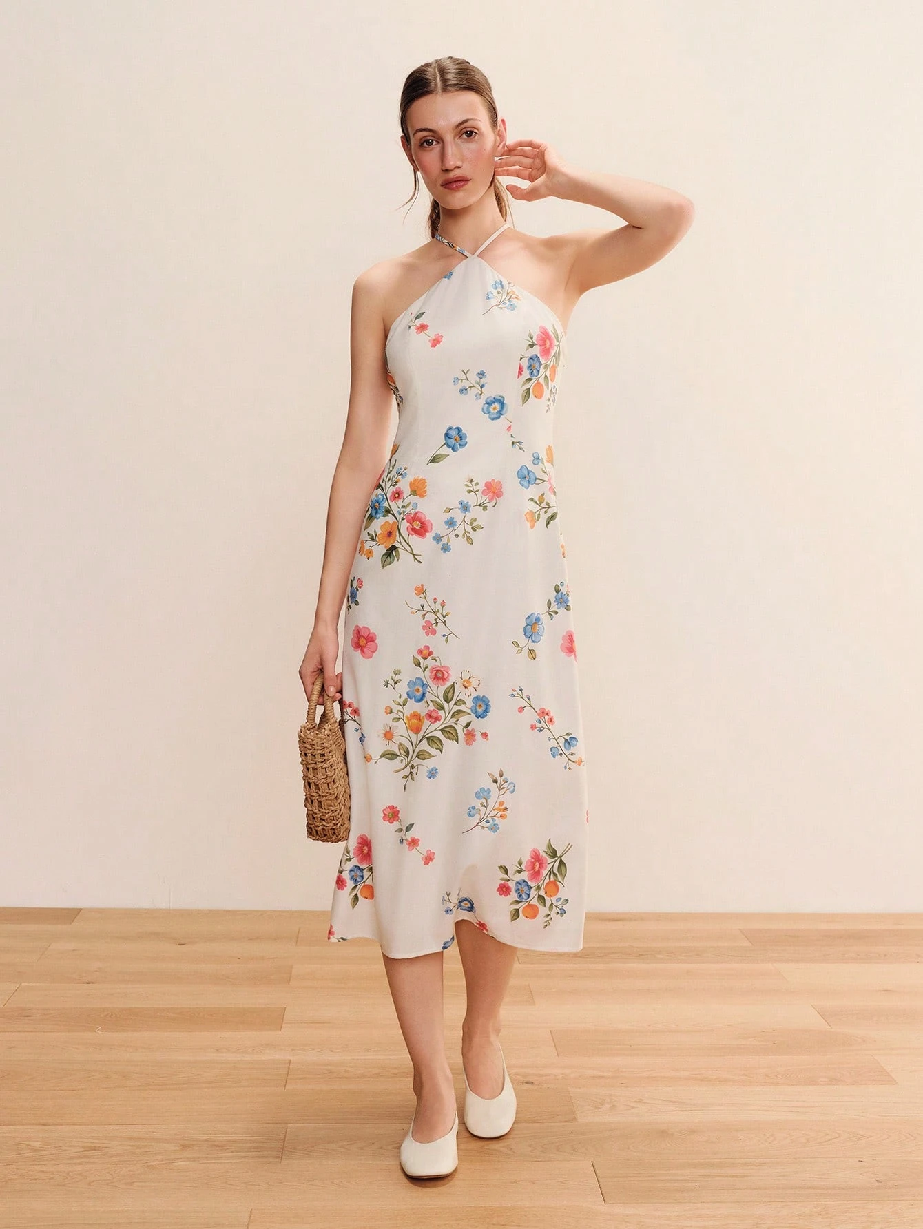 White Floral Print Halter Neck Midi Dress With Lace Up Back Boho Summer Vintage Dress Holiday Dress French Style Evening Dress