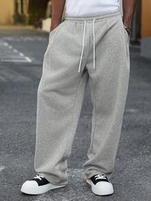 Manfinity Roghcode 男士抽绳腰阔腿运动裤 阔腿运动裤 男士阔腿慢跑裤 宽松裤 Y2k黑色宽松裤 超大运动裤 灰色慢跑裤 男士阔腿运动裤 灰色宽松运动裤 阔腿 - 淺灰色 - 查看 4