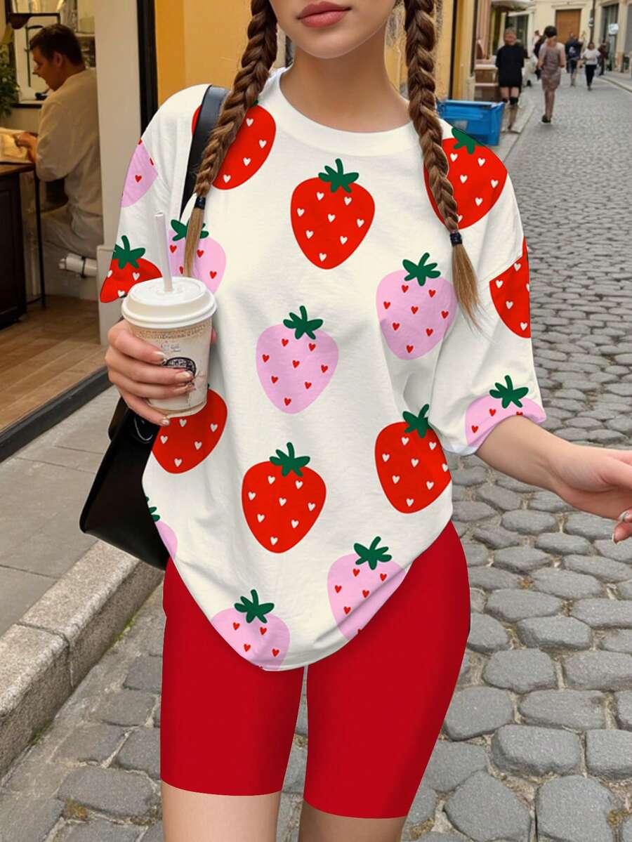 2pcs/Set Teen Girls' Green And White Strawberry Print Short Sleeve Top And Shorts Set,Summer Streetwear Holiday Casual Fruit T-Shirt Aesthetic Outfit - Multicolor - View 1