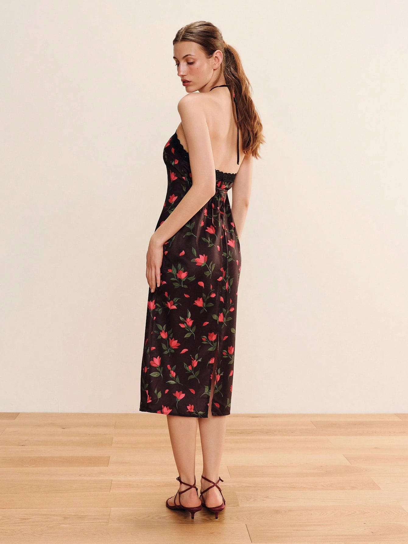 Black Floral Midi Dress With Lace Trimmed Halter Neck Spring Summer Elegant Feminine Black Dress Halter Neck Dress Holiday Dress French Style Dress Evening Dress