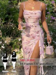 SHEIN Tall CURVE 大码印花荷叶边修身吊带连衣裙 - 粉色 - 查看 2