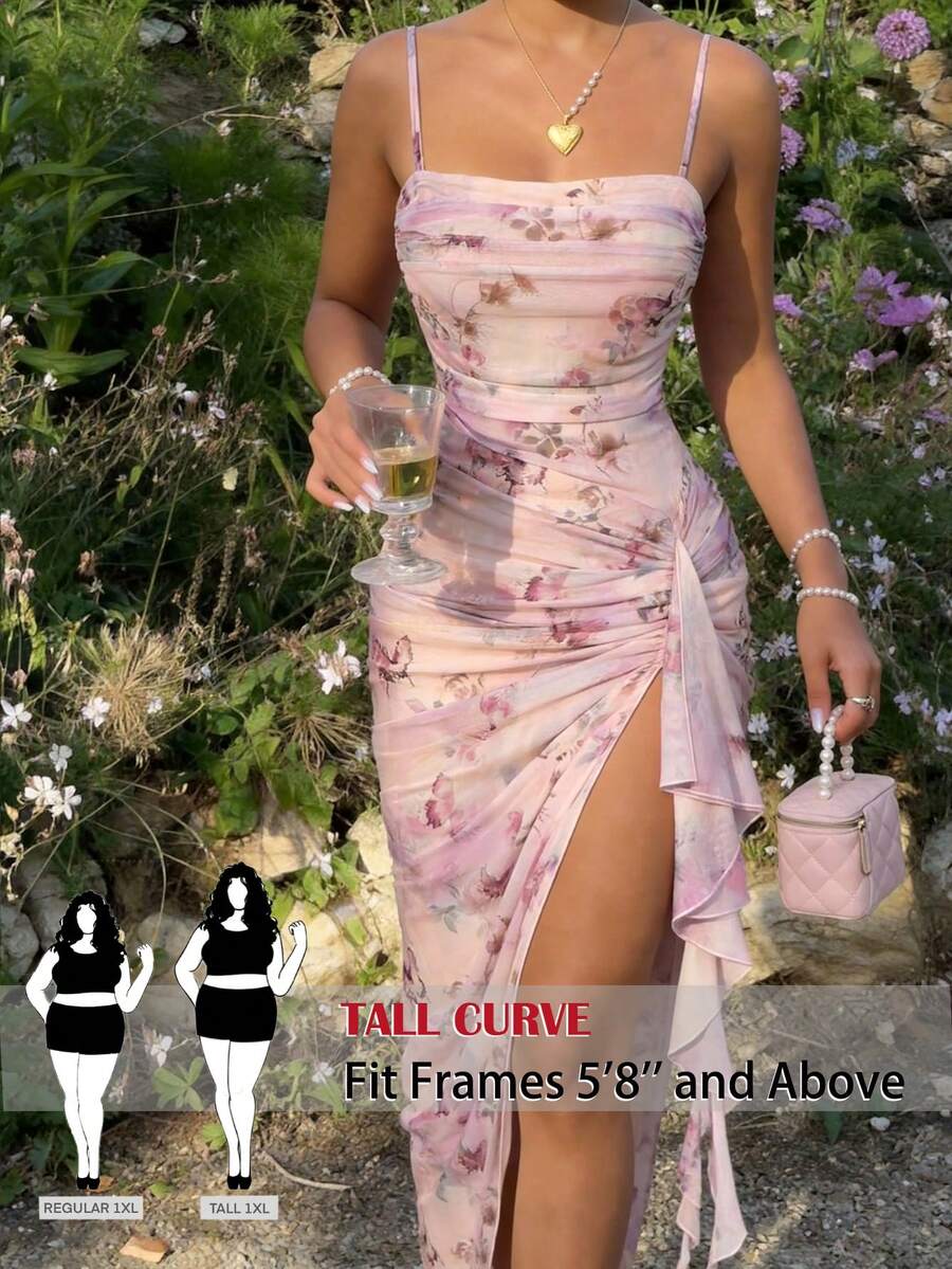 SHEIN Tall CURVE 大码印花荷叶边修身吊带连衣裙