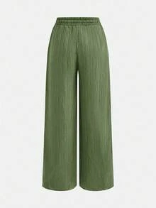 SHEIN Quần ống rộng màu hồng củ sen trơn, chất liệu vải sần, có dây rút và nơ, thích hợp cho bé gái tuổi teen. - Màu xanh Ô liu - Xem 3
