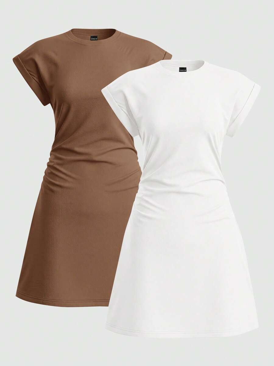 SHEIN BASICS 2pcs/Set Casual Solid Color Knit Round Neck Short Sleeve Mini Dress For Women - Multicolor - View 1