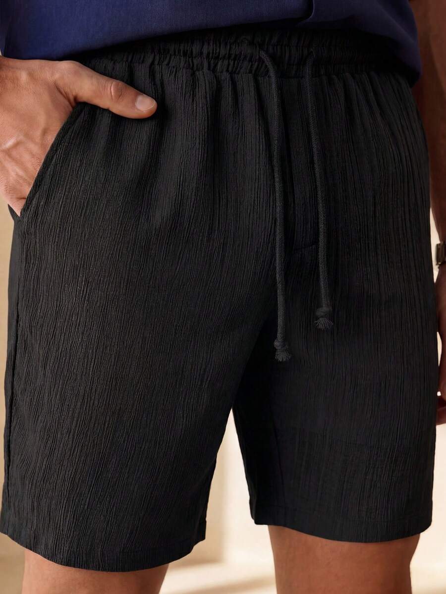 Manfinity VCAY Men's Casual Woven Crepe Drawstring Waist Straight Leg Shorts, Suitable For Daily Wear