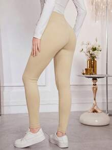 Modelyn 贴花抽绳纯色高腰紧身打底裤 - 黃色 - 查看 2
