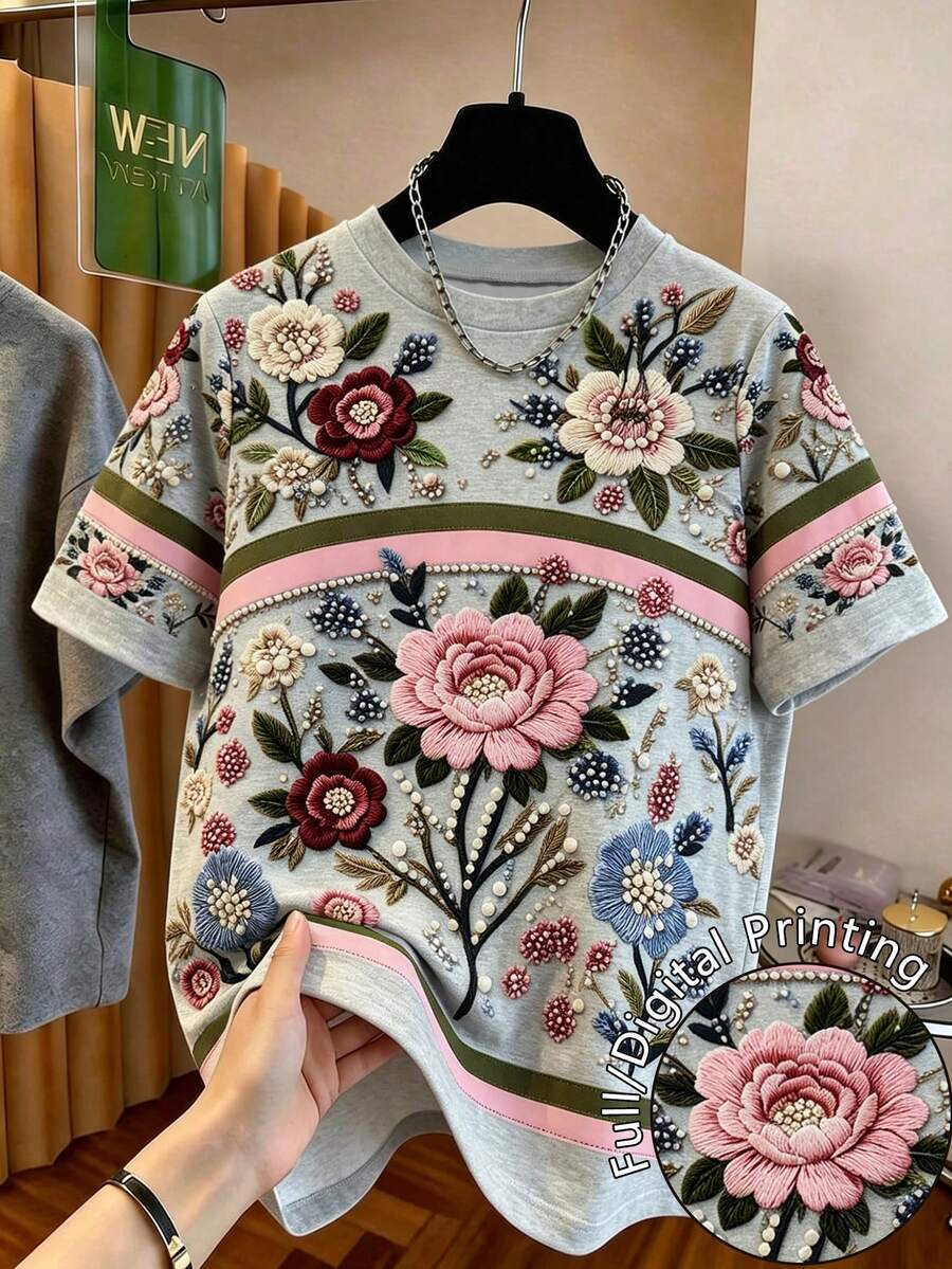 Resyla 女士复古碎花图案休闲短袖T恤,夏季 - 彩色 - 查看 1
