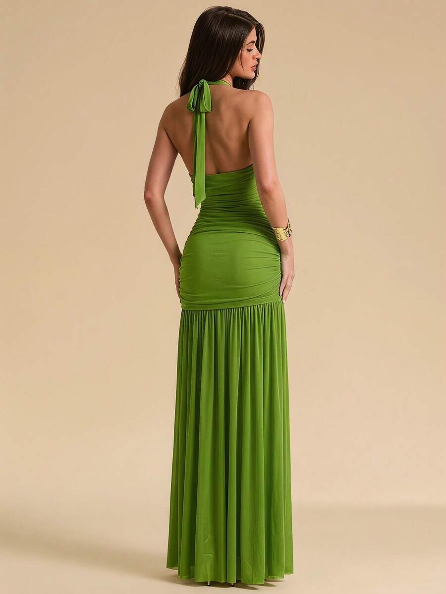 SHEIN BAE Solid Green Bodycon Halter Dress, Elegant Vacation/Summer Holiday Outfits For Women,Summer Dresses For Women - Green - View 1