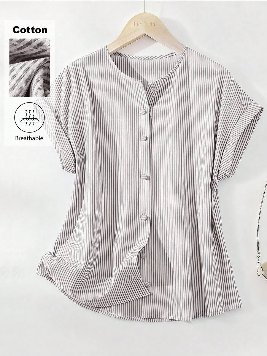 SHEIN Franclia Áo sơ mi nữ cổ bẻ kẻ sọc cài cúc - Nhiều màu - Xem 1